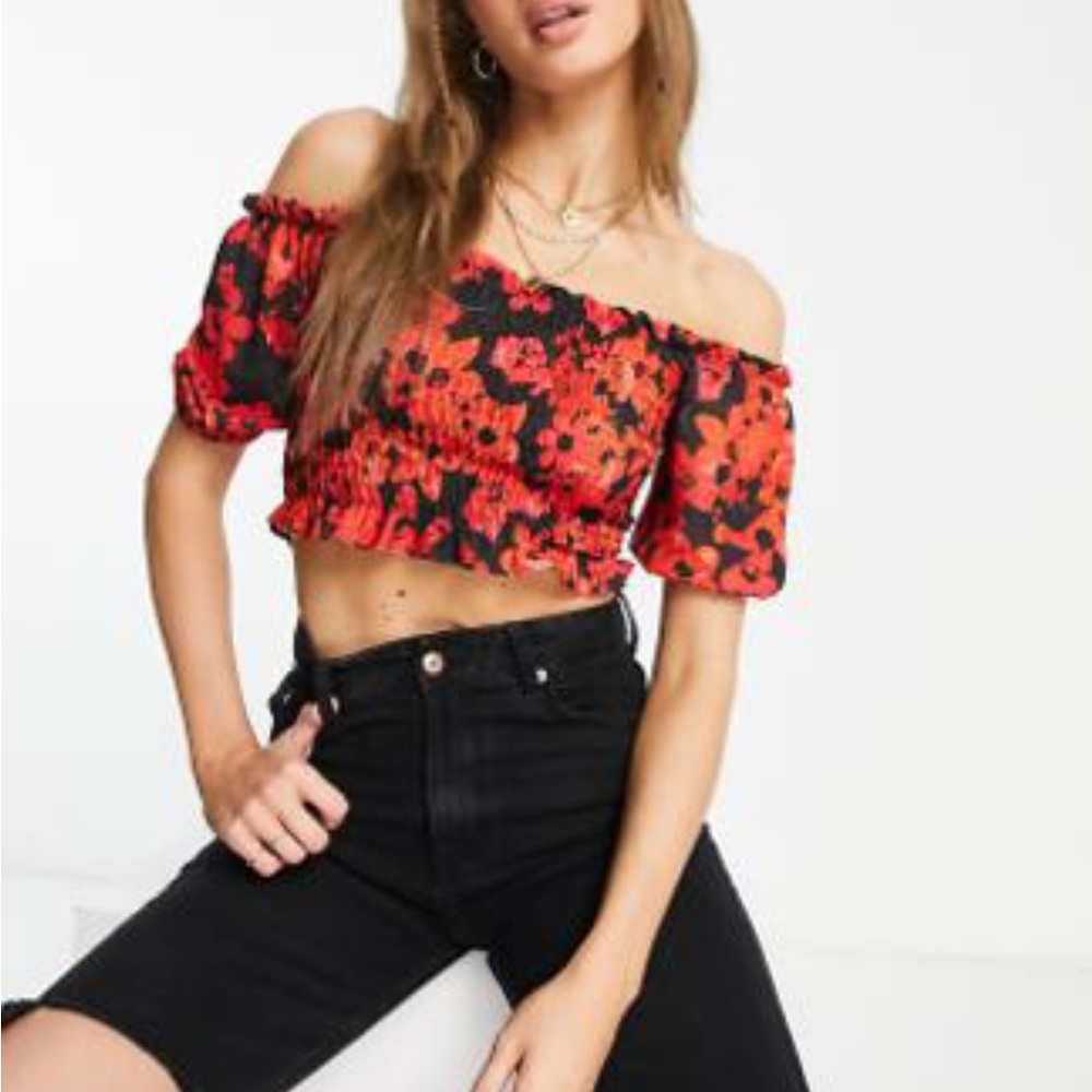 Floral Off-Shoulder Top - Red and Black